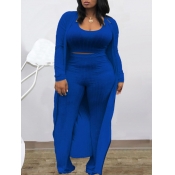 LW BASICS Plus Size Casual U Neck Blue Three-piece
