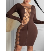 Lovely Sexy Deep V Neck Lace-up Hollow-out Brown K