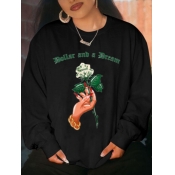 Lovely Casual O Neck Letter Print Loose Black Hood