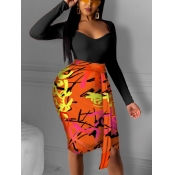 Lovely Casual Print Stitching Red Knee Length Dres
