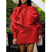 Lovely Sweet High Neck Fold Design Red Mini Dress