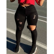 Lovely Trendy High-waisted Hollow-out Black Jeans