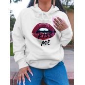 LW Casual Lip Print Kangaroo Pocket White Hoodie