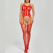 Lovely Sexy Lace See-through Red Bodystocking