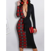 Lovely Stylish Deep V Neck Grid Print Patchwork Re