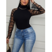 LW Trendy Turtleneck Lace Patchwork Black Sweater