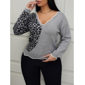 Lovely Stylish V Neck Print Patchwork Grey Sweater