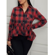 LW Casual Plaid Print Red Blouses