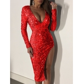 Lovely Party Sexy V Neck Side Split Red Mid Calf E