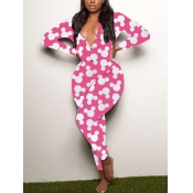 Lovely Trendy V Neck Print Skinny Pink One-piece J