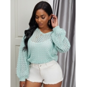 Lovely Sweet O Neck Hollow-out Blue Sweater