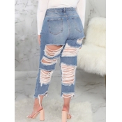Lovely Street Broken Holes Raw Edge Blue Jeans