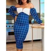 Lovely Chic Off The Shoulder Plaid Print Patchwork