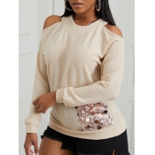 Lovely Chic Sequined Hollow-out Khaki Sweater