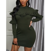 Lovely Turtleneck Flounce Design Green Mini Dress