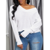Lovely V Neck Hollow-out White Sweaters