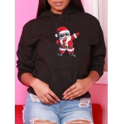 Lovely Casual Hooded Collar Santa Claus Print Blac