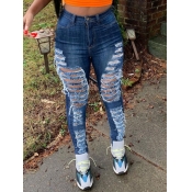 Lovely Casual High-waisted Broken Holes Blue Jeans