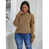Lovely Chic O Neck Tassel Design Brown Sweater
