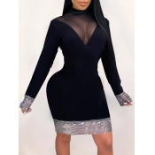 Lovely Party Half A Turtleneck Mesh Patchwork Blac