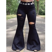 Lovely Casual Flared Broken Holes Black Jeans(With