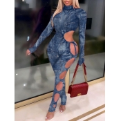 Lovely Sexy Hollow-out Lace-up Blue One-piece Jump