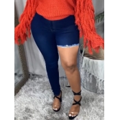 Lovely Casual High-waisted Raw Edge Blue Jeans