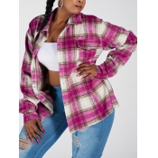 Lovely Casual Turndown Collar Plaid Print Rose Red