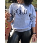 Lovely Casual O Neck Letter Print Grey Hoodie
