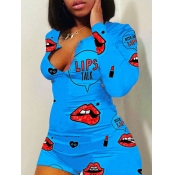 Lovely Casual V Neck Print Blue One-piece Romper