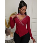 Lovely Sexy Sequined Hollow-out Wine Red Sweater