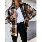 Lovely Casual Dropped Shoulder Sleeve Plaid Brown 