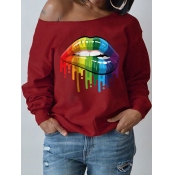 Lovely Casual One Shoulder Lip Print Red Hoodie