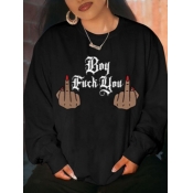 LW Casual O Neck Letter Print Black Hoodie
