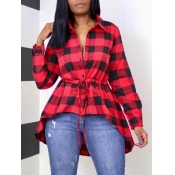 Lovely Casual Plaid Print Drawstring Red Blouse