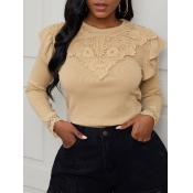 Lovely Sweet O Neck Patchwork Khaki T-shirt