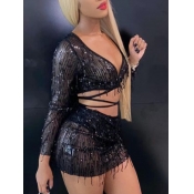 Lovely Sexy V Neck Sequined See-through Bandage Bl