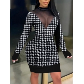 Lovely Sexy O Neck Print Mesh Patchwork Black Mini