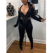 Lovely Sexy Deep V Neck Hollow-out Black Two Piece