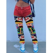 Lovely Casual Mid Waist Print Patchwork Red Jeans