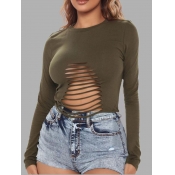LW Sexy O Neck Hollow-out Black Green T-shirt