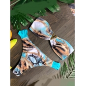 Lovely Sweet Chain Print Patchwork Blue Two-piece 