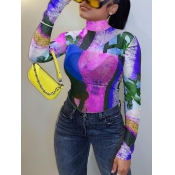 LW Street Turtleneck Color-lump Print Purple T-shi
