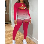 Lovely Casual Gradient Lip Print Rose Red Two Piec