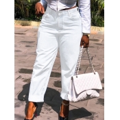 Lovely Casual High-waisted Pocket Design White Jea