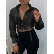 Lovely Chic Drawstring Fold Design Black Blouse