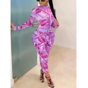 Lovely Trendy Money Print Patchwork Pink Mid Calf 