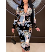 Lovely Casual Print Patchwork Black Mid Calf Dress