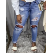 Lovely Street Broken Holes Elastic Baby Blue Jeans