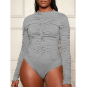 Lovely Casual O Neck Fold Design Grey Bodysuit